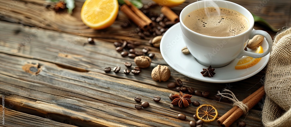 Poster An arrangement of themed items surrounding a steaming cup of coffee on a rustic wooden table, creating an inviting composition with copy space image.