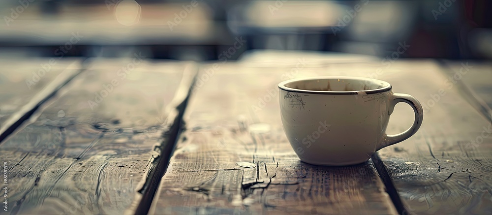 Poster An image with a vintage tone showing an empty coffee cup on a wooden table, with an unobstructed area for text or graphics. copy space available