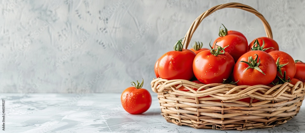 Poster Ripe tomatoes in a basket displayed on a table with a light background, perfect for adding text beside the copy space image.