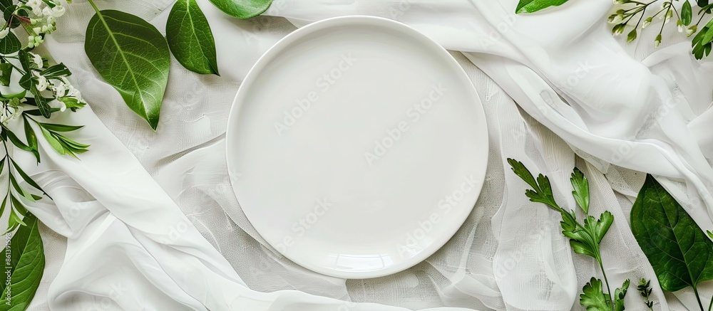 Poster Top view flat lay with a copy space image featuring an empty plate, cloth, and space for your meal template or mockup.