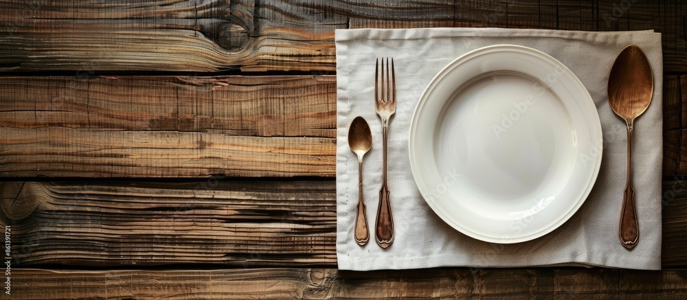Poster top view of a wooden table set with an empty plate, fork, spoon, and tablecloth, creating a food dis