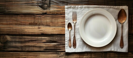 Top view of a wooden table set with an empty plate, fork, spoon, and tablecloth, creating a food display montage with a background as a template, allowing for text on the free copy space image.