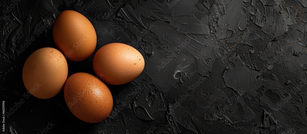 Fototapete Top view of fresh brown eggs on a dark background with hard shadows, creating a minimalistic and natural home product aesthetic, with empty space for additional elements in the image.