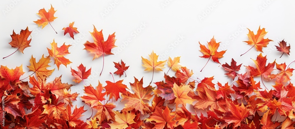 Aufkleber Top-down view of vibrant autumn maple leaves scattered on a blank white backdrop, creating a border design with a designated copy space image.