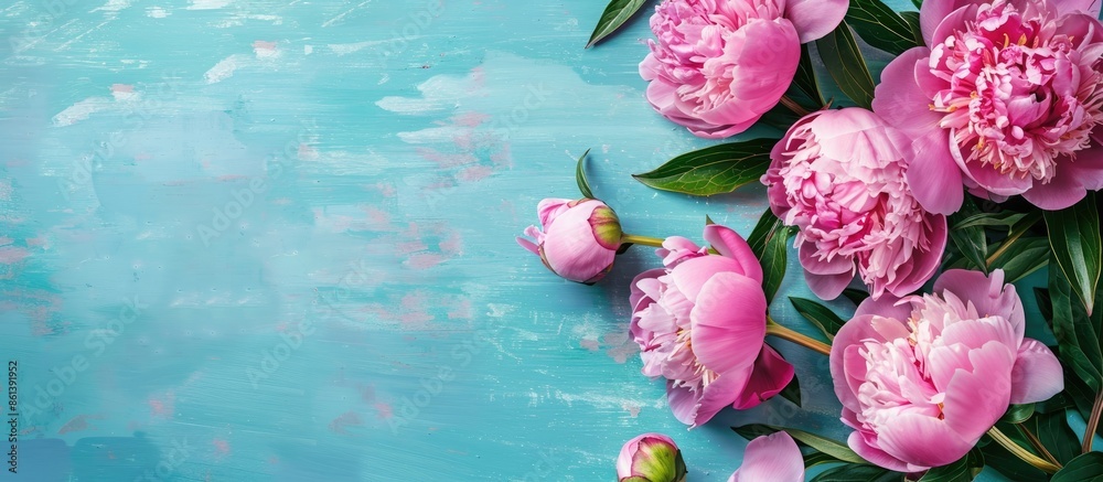 Aufkleber Top view of fresh pink peonies on a blue tabletop with a blank area for text in the image. copy space available