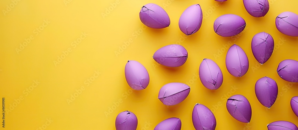 Poster easter and spring-themed purple paper eggs on a yellow surface viewed from above with space for text