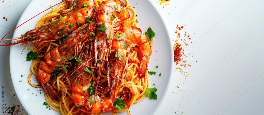 Poster top view of appetizing spaghetti pasta and large shrimp garnished with parsley on a plate against a 