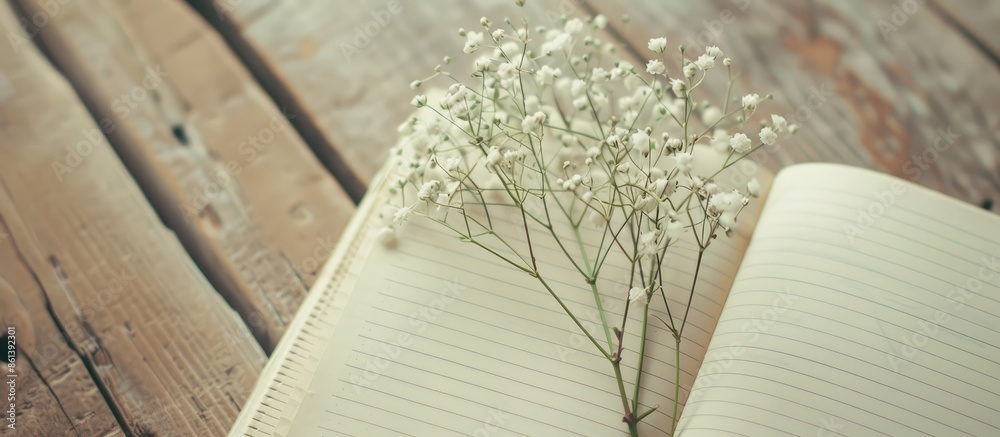 Aufkleber Close-up view of a notebook placed on a wooden table with a sprig of gypsophila flowers, ready for note-taking or planning, against a beige pastel background with ample copy space image available.