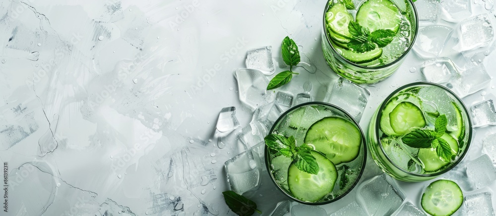 Poster cool green cucumber cocktail on a light background with copy space image.