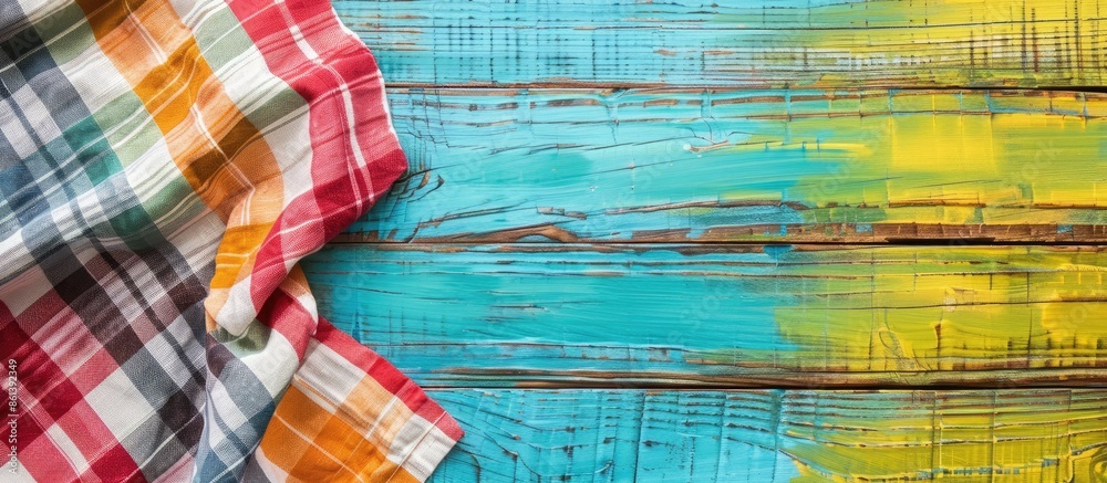 Poster checkered tablecloth set on a colorful wooden table background in a top-down view, with copy space i