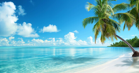 breathtaking view of a pristine beach with clear turquoise water and a bright blue sky, coconut tree gently leaning over the white sand, perfect tropical paradise