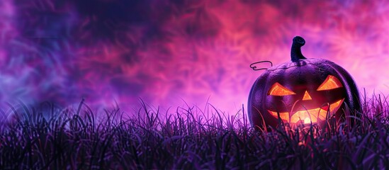 Halloween-themed banner features a Jack O Lantern against a backdrop of purple sky and grass, creating a spooky atmosphere with copy space image.