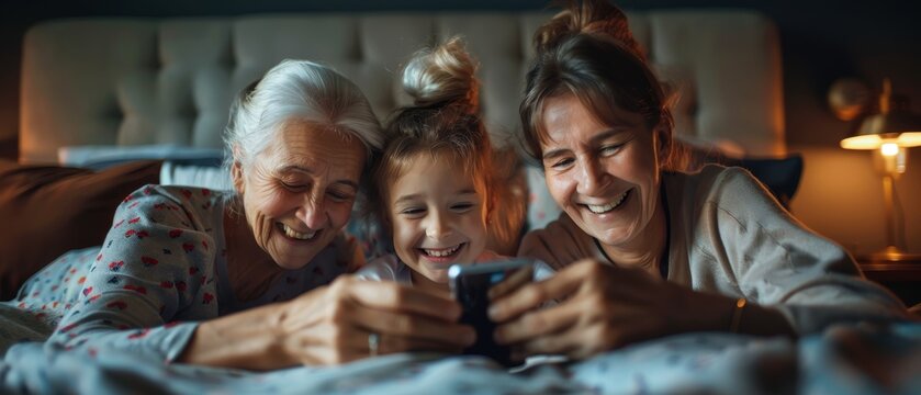Happy little girl spend time with mum and grandmother at home, lying in bed with smart phone, laughing while watch funny videos in social networks, have fun using new application, enjoy internet usage