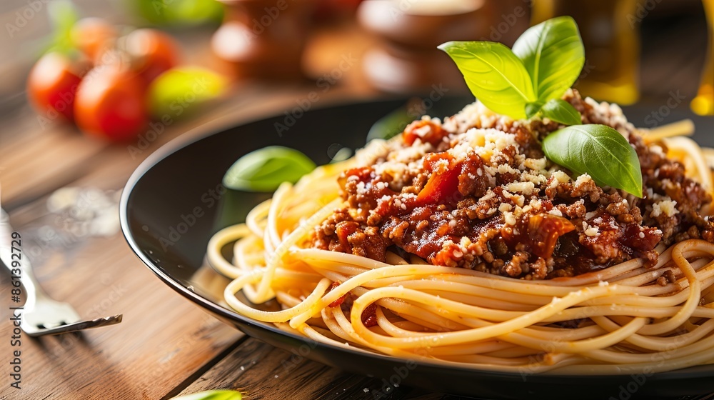 Poster Traditional pasta spaghetti bolognese in black plate on empty wooden table background, close up