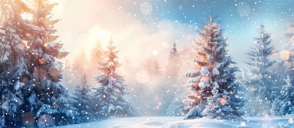 Poster winter scene with snowfall creating a picturesque copy space image.