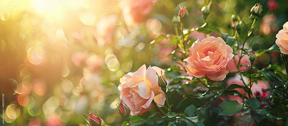 Poster lush rose garden with a blurred background, offering space for text in the image. copy space availab