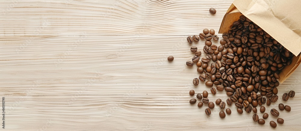 Poster top-down view of coffee beans spilled from a kraft package on a light wooden surface, ideal for copy