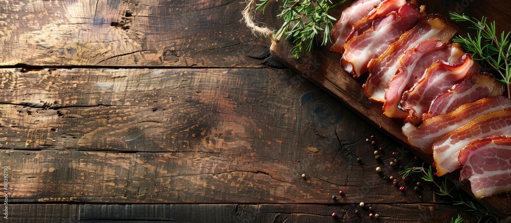Poster fresh slices of bacon on a rustic table with copy space, perfect for cooking meals or snacks, provid