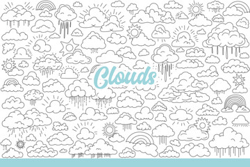 Clouds of different sizes float in sky with raindrops and sun or rainbow. Air clouds for weather forecast or meteorological magazine design about climate change on planet. Hand drawn doodle