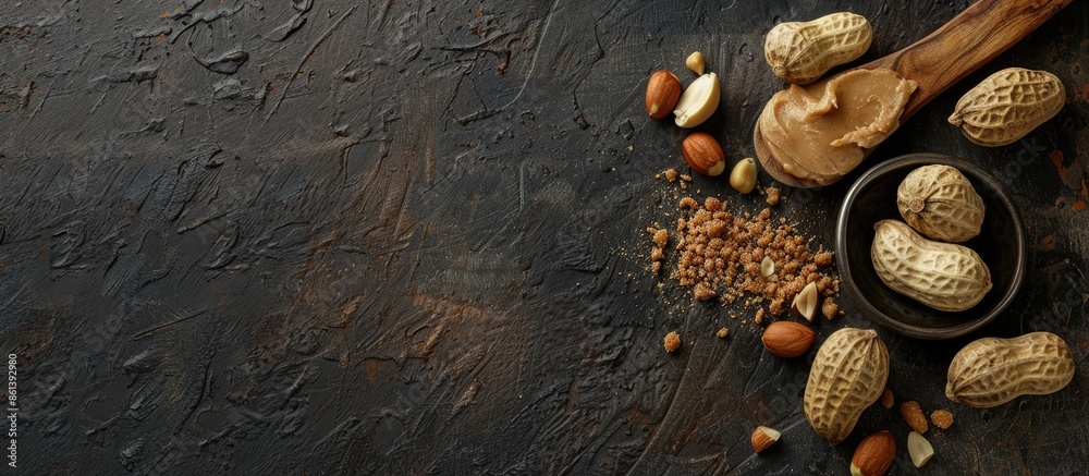 Poster breakfast setting showcases a wooden spoon with peanut butter paste, a shelled peanut, and peanuts o