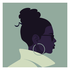 Portrait of a young African woman. Profile of a successful businesswoman with sunglasses. Side view. Vector flat illustration