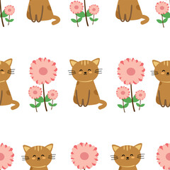 Seamless pattern with cartoon brown cat and cute pink flowers, for fabric prints, textiles, gift wrapping paper. children's colorful vector, flat style