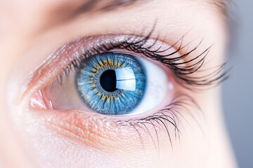 Fototapeta premium Close-up of a blue eye with detailed iris pattern human vision clarity beauty optical health focus eyelashes natural eye color