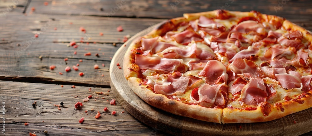 Aufkleber Delicious pizza topped with ham and bacon on a rustic wooden table with a copy space image.