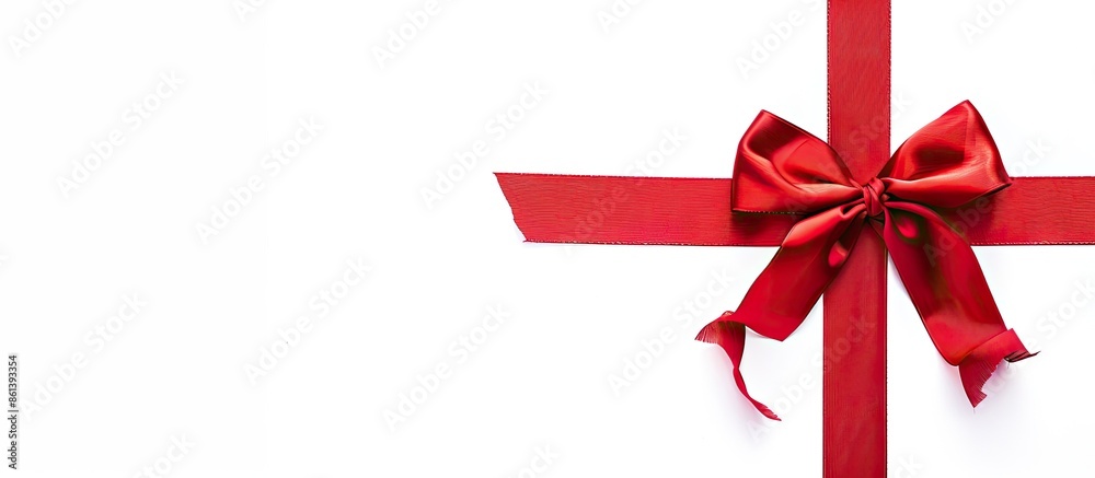 Poster red ribbon and bow on a blank white backdrop with copy space image.