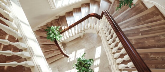 Indoor U-shaped staircase with a white wooden baluster and brown handrail viewed from above, creating a spacious and elegant aesthetic in a copy space image.