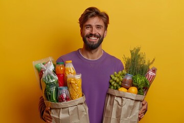 Smiling Man Holding Groceries In Paper Bags Against Yellow Background