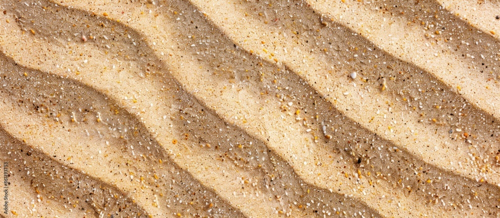 Poster Close-up view of natural beach sand texture with wavy ground, creating a background, seen from the top with copy space image.
