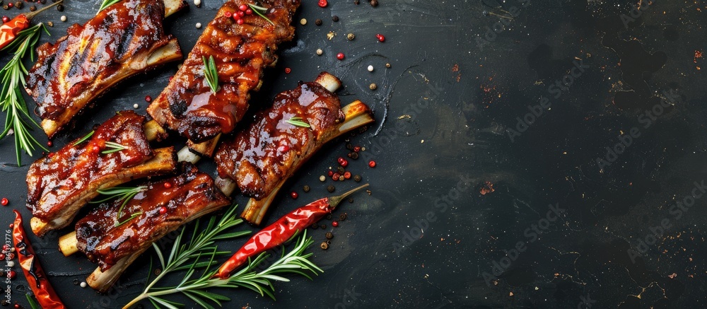 Poster a food concept featuring succulent grilled pork ribs basted in a smoky sauce, adorned with aromatic 
