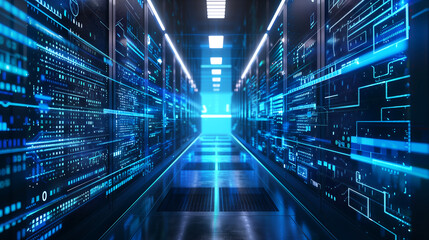 abstract futuristic digital technology background with glowing blue lights and virtual data center in server room of big computer network, software development cloud computing concept