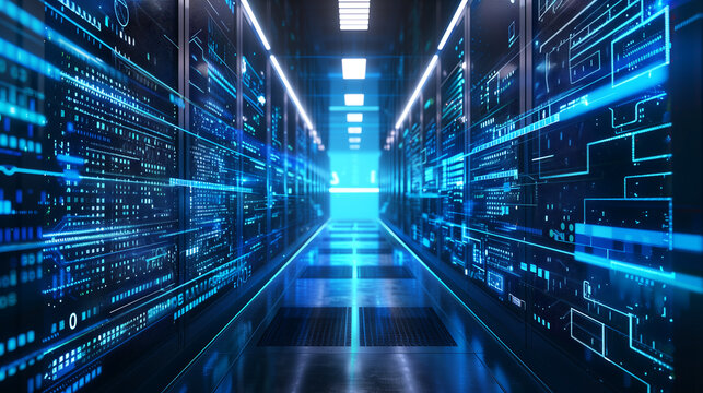 abstract futuristic digital technology background with glowing blue lights and virtual data center in server room of big computer network, software development cloud computing concept