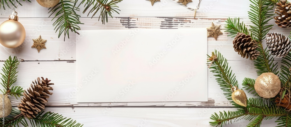 Poster A white card is displayed against a backdrop of fir branches with cones and Christmas ornaments on a white wooden surface in a mock-up with copy space image.