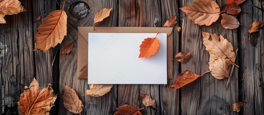 Poster top view of a greeting card mockup set against a wooden background adorned with autumn leaves, offer