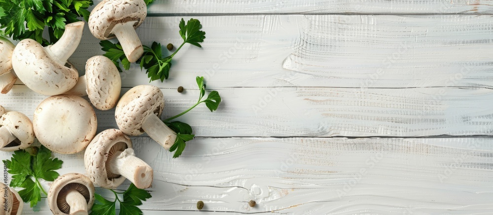 Poster flat lay composition with a variety of mushrooms, parsley, on a white wooden surface. the setup prov