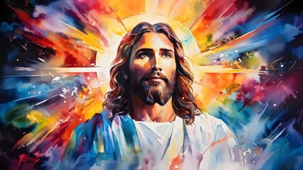 Obraz premium Abstract colorful art watercolor painting of Jesus Christ, praying to God, heaven and salvation, faith and love, easter, New Testament, Biblical theme concept 