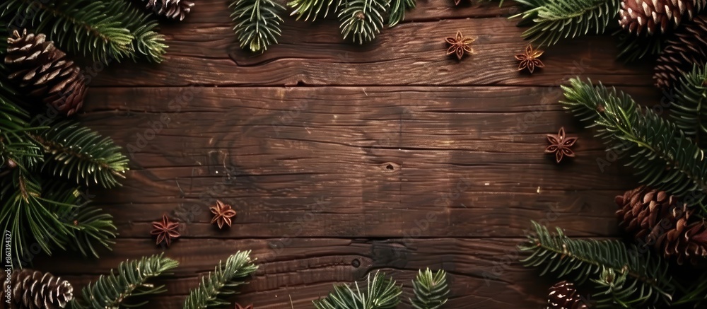 Poster Wooden Christmas background adorned with fir branches and favorable for inserting an image in the blank space provided. copy space available