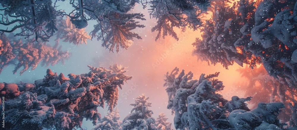 Poster scenic winter forest scene with snow-covered alpine trees viewed from below against a soft orange-li