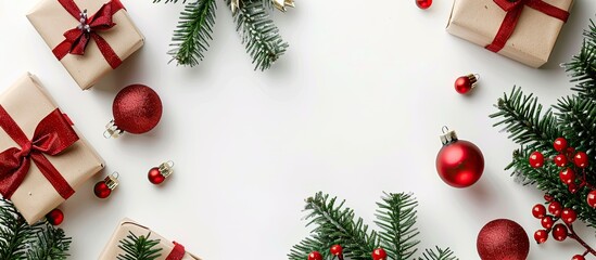 Festive Christmas arrangement with presents, evergreen branches, and red ornaments on a white backdrop. Embracing the holiday spirit with a winter-themed composition