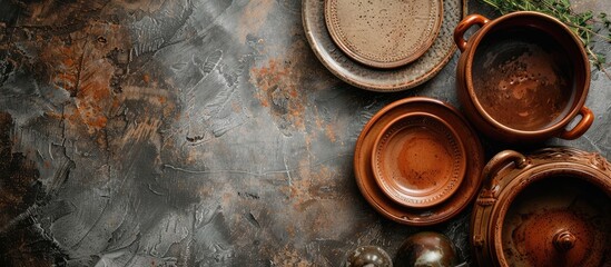 Top view of rustic clay dishes like pot, plates, and gravy boat on a stone table with ample copy space image.
