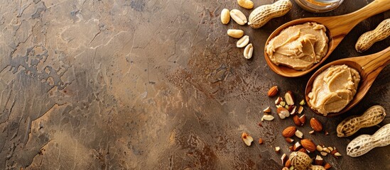 Breakfast setting showcases a wooden spoon with peanut butter paste, a shelled peanut, and peanuts on a cutting board background with copy space image. Peanut butter provides healthy fats.