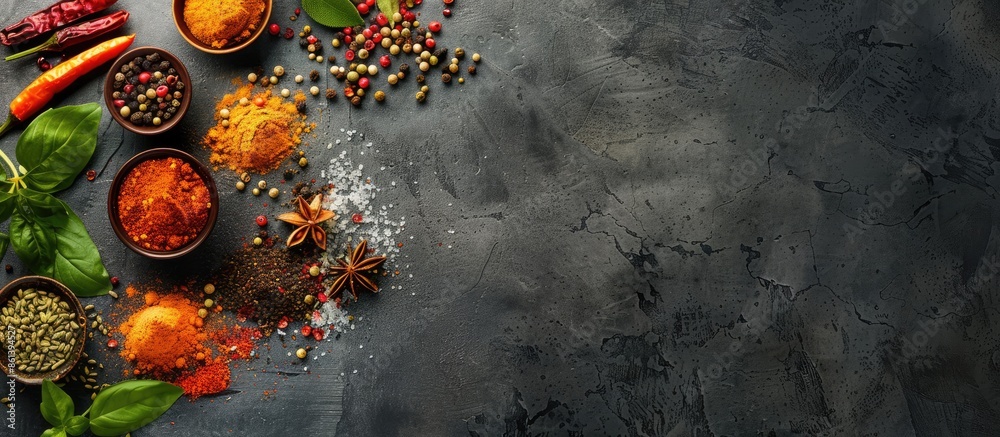 Poster Flat lay of various spices displayed on a dark concrete background with ample copy space image.