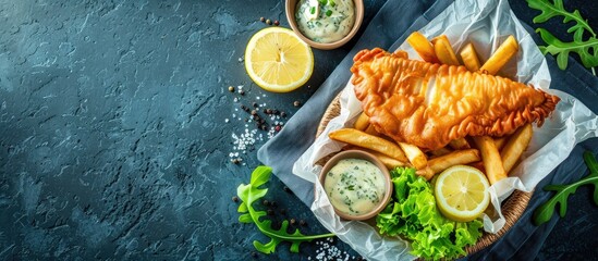 Copy space image of iconic British dish, fish and chips served with tartar sauce, lemon, and greens on a dark blue backdrop