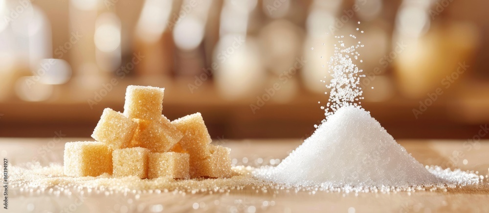 Poster two piles of sugar - granulated and cubes, with copy space image.