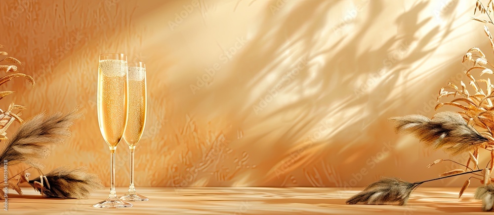 Poster stylized stock scene featuring champagne and grass elements set in warm beige earth tones with copy 