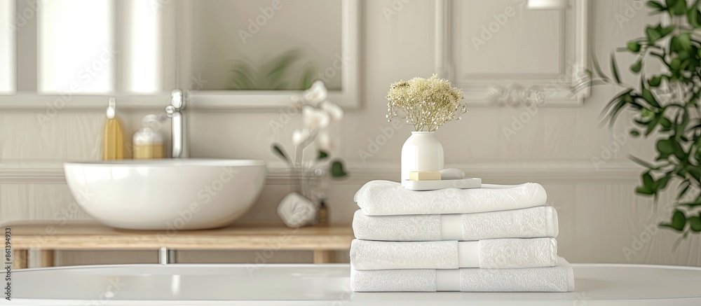 Aufkleber a white table in a bathroom background with a copy space image featuring white towels.