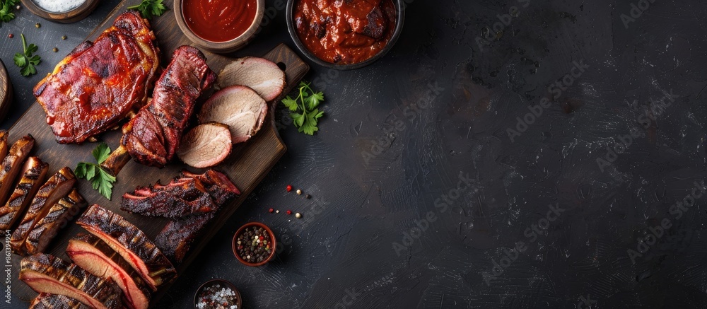 Poster Barbecue meat selection displayed on a dark backdrop, portraying a homemade food theme. Overhead view with copy space image.